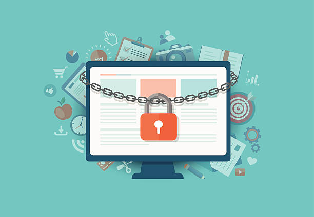 Flat illustration of security center. Lock with chain around lap Flat illustration of security center. Lock with chain around  laptop. Eps10 encryption stock illustrations