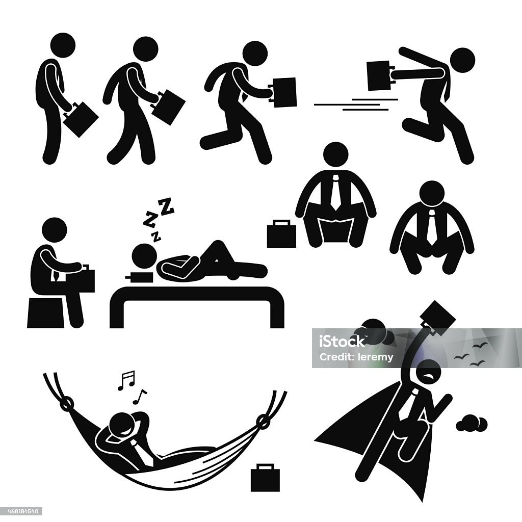 Businessman Business Man Walking Running Sleeping Flying Stick Figure Pictogram A set of human pictogram reprensenting business businessman poses and action of standing, walking, running, dashing, sitting, sleeping, squatting, resting relaxing on hammock, and flying up to the sky. Icon Symbol stock vector