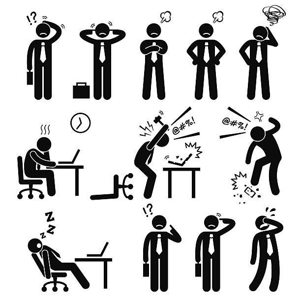 Businessman Business Man Stress Pressure Workplace Stick Figure Pictogram Icon A set of human pictogram reprensenting business businessman poses and action of a stressful workplace. The businessman is confuse, sad, angry, and fed up with his works. confused guy stock illustrations