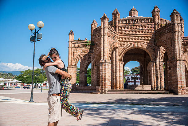 Couple in Love at Chiapa de Corzo town, Traveling Mexico. Couple Portrait at historic monument. Traveling America, Latin America Culture. love roe deer stock pictures, royalty-free photos & images