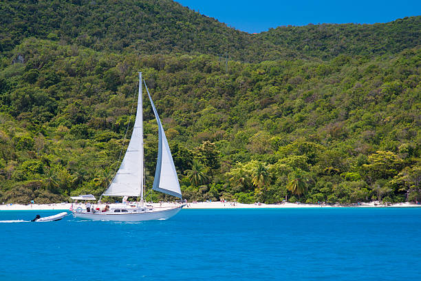 istock sloop under full sails sailing by Hawsknest Bay, St.John, USVI 468190422