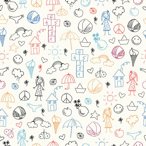 Summer seamless pattern with icons Vector Illustration.EPS10, Ai10, PDF, High-Res JPEG included. child drawings stock illustrations