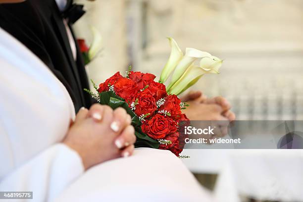 Bridal Wedding Bouquet Lying On The Hassock Stock Photo - Download Image Now - Church, Kneeler, Men