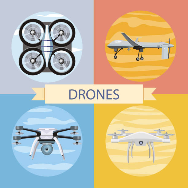 illustrations, cliparts, dessins animés et icônes de ensemble de différentes icônes quadrocopters - drone militaire