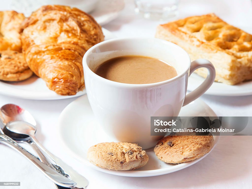 Latte Coffee Cup with Cookies Cup of Latte Coffee with Chocolate Cookies and Butter Corissants Cafe Stock Photo