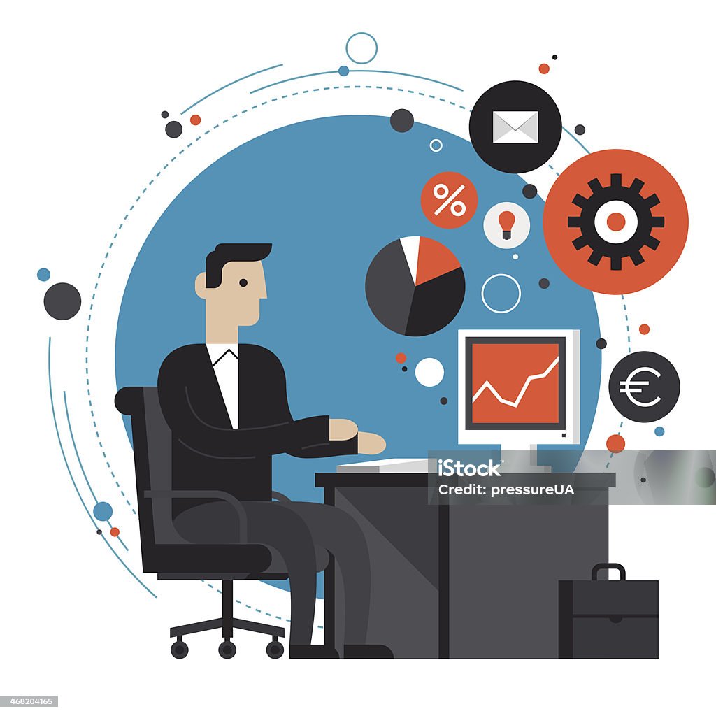 Businessman in the office flat illustration Flat design style modern vector illustration concept of smiling business man in formal suit sitting at the desk and working on computer in the office. Isolated on stylish colored background Big Data stock vector