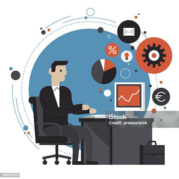 Businessman In The Office Flat Illustration Stock Illustration - Download Image Now - Big Data, Computer, Data