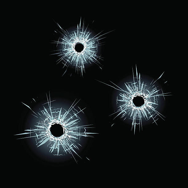 ilustraciones, imágenes clip art, dibujos animados e iconos de stock de agujeros de bala en vidrio - bullet bullet hole hole glass