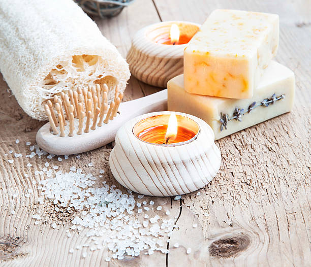 istock Natural Soap.Home Spa Setting with burning Candles 468208866