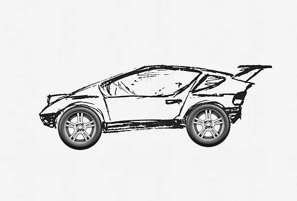 The concept of the car is drawn by hand with realistic wheels.