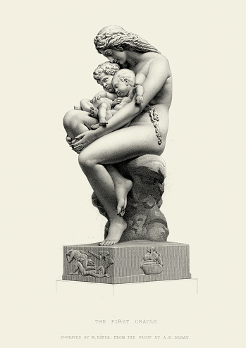 Vintage engraving of the statue The First Cradle by Auguste-Hyacinthe Debay. A young mother hold her young babies in her arms. 19th Century