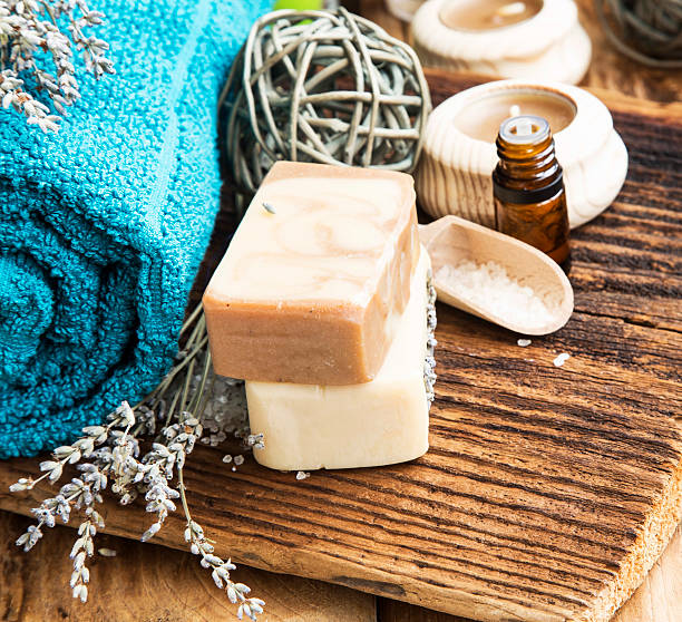 istock Spa Setting.Natural Homemade SOaps with Lavander and Towel on Wo 468212798