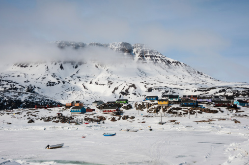 Landscape of small town Qeqertarsuaq in early springtime, North Greenland.