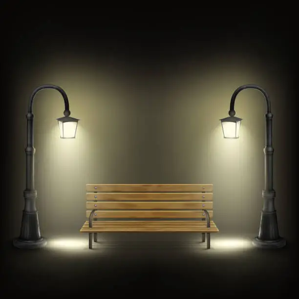 Vector illustration of Bench Illuminated By Street Lamps.