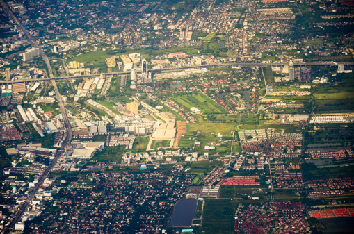 Lyon, France – June 27, 2018: photography showing the city of Lyon from above. The photography was taken from a commercial airplane departing from Lyon and heading to Rennes, France.