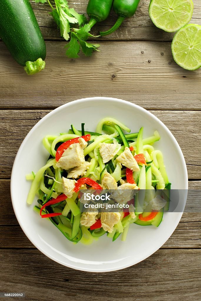 Zucchini noodle dish overhead view Healthy zucchini noodle dish with chicken on wood background, overhead view Bell Pepper Stock Photo