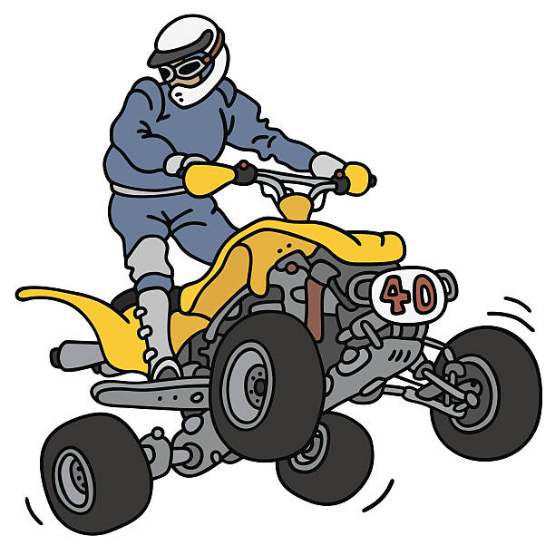 Rider on the terrain vehicle Hand drawing of a racer on the yellow all terrain vehicle - not a real model 4 wheel motorbike stock illustrations