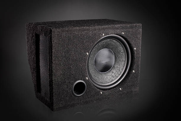 istock Black subwoofer speaker car audio music system 468225912