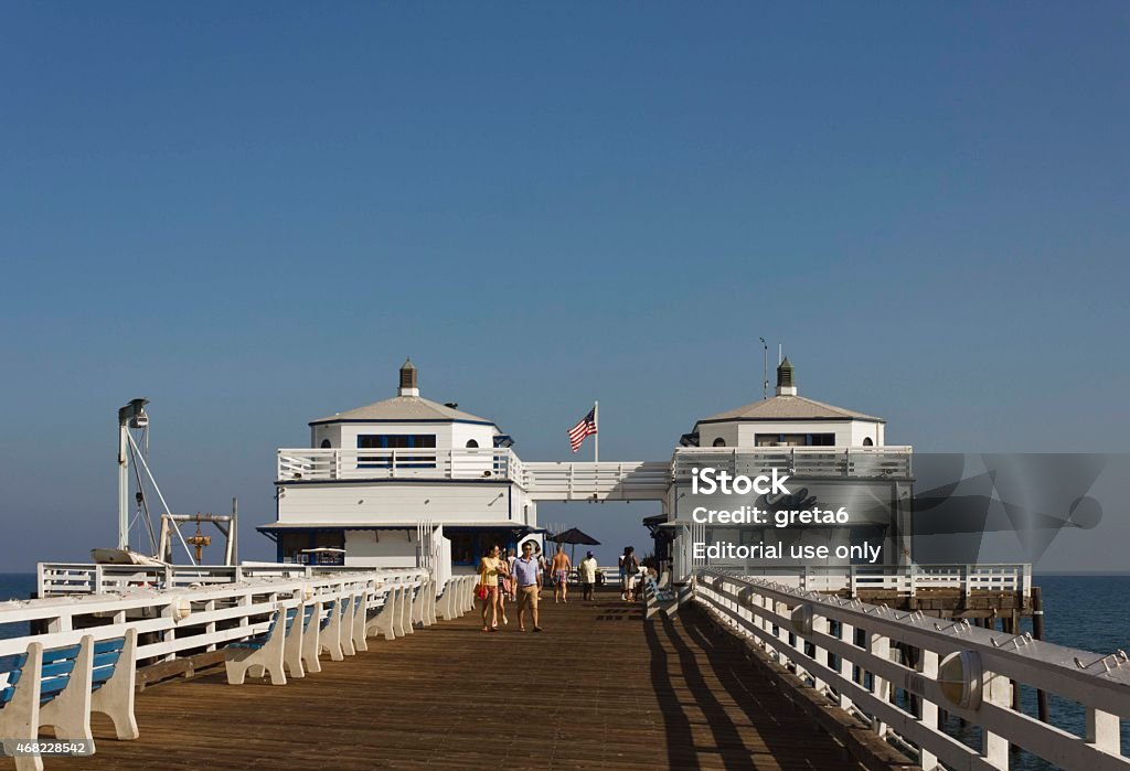 Malibu Pier promenade in a sunny day in the summer Malibu, Usa - August 16, 2013: Malibu Pier promenade in a sunny day in the summer, with Cafe script and American flag and people walking on the promenade Malibu Pier Stock Photo