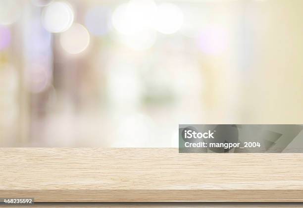 Empty Table And Blurred Store Bokeh Background Stock Photo - Download Image Now - 2015, Backgrounds, Blank