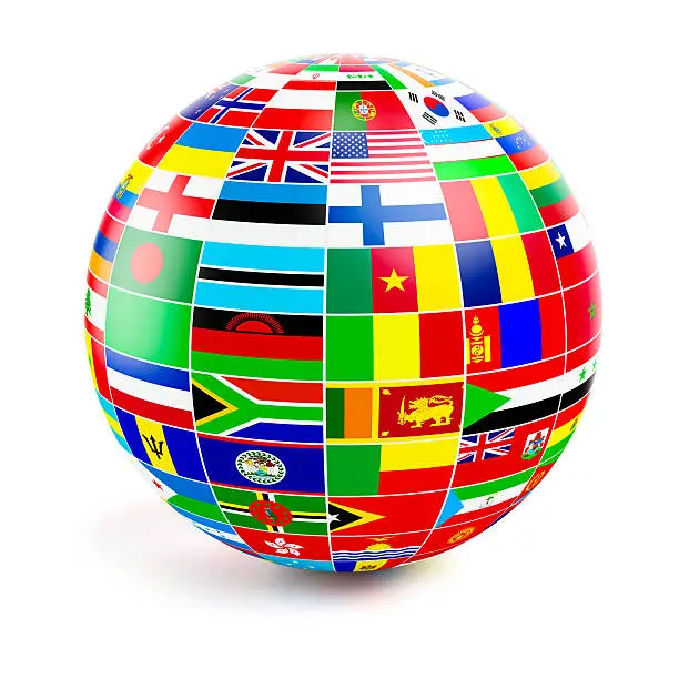 Photo of ThreeD globe sphere with flags of the world on white