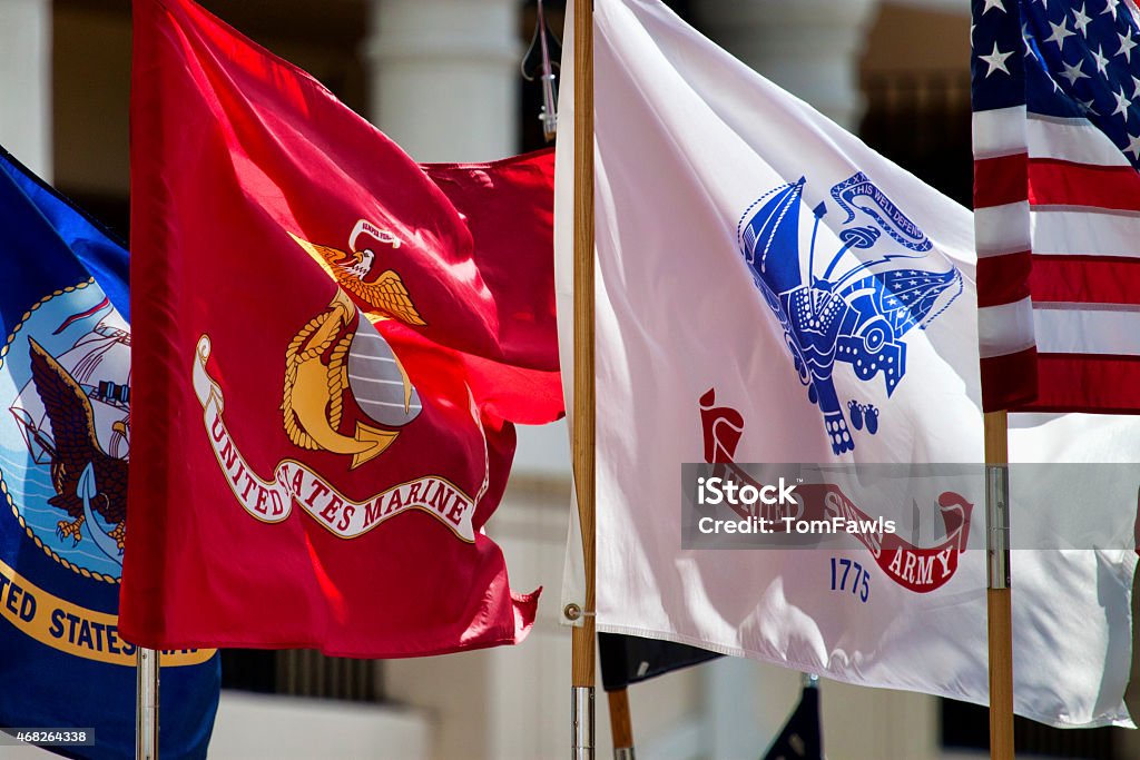 Military Standards Standards of three of the US Military services on parade and waving in the Central Florida afternoon. Military Stock Photo