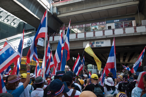 Bangkok, Thailand - Jan 13, 2014 : At BTS Siam, Thai anti-government protesters rally and block major access points for shutdown Bangkok.