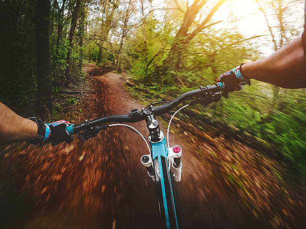rower górski: jechać na szybkie pojedyncze szlak w lesie - personal perspective mountain biking mountain bike cycling zdjęcia i obrazy z banku zdjęć