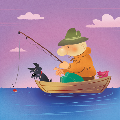 Cartoon fisherman and little scottie dog in a boat. 
