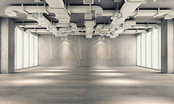 istock The empty big hall with ceiling lamps and concrete wall. 468273993