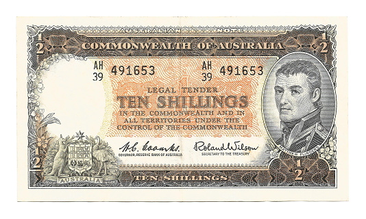 Obsolete Australian ten shillings note. 
