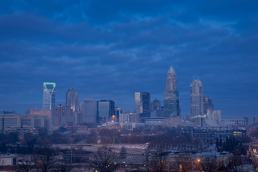 The blue hour in Charlotte, North Carolina before the sun came up in the morning. 