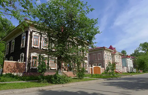 Beautiful wooden carved houses in Tomsk, Russia