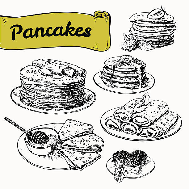 ilustraciones, imágenes clip art, dibujos animados e iconos de stock de ilustración vectorial de diferentes tipos de panqueques - pancake illustration and painting food vector