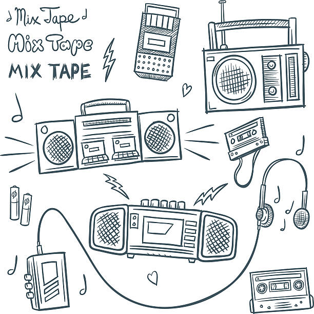 Retro Music Doodles A collection of doodles with a retro music related theme. There are some audio cassettes, a couple of boom boxes, an old-style cassette recorder, some headphones and more. Download the file and reflect on a bygone era. mix tape heart stock illustrations