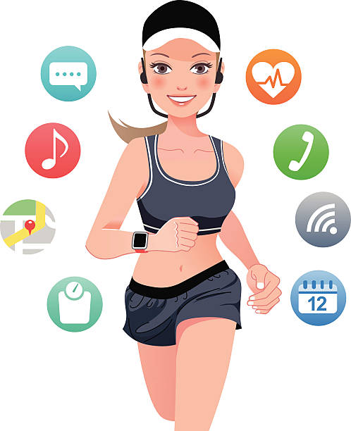 ilustrações, clipart, desenhos animados e ícones de a saúde, o desporto jovem mulher correndo com smart veja dispositivo - symbol human bone human joint computer icon