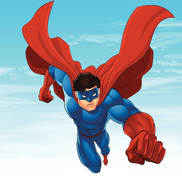 Superhero Flying Masked superhero flying in front of a blue sky. This avenger is wearing gloves and a cape. revenge stock illustrations