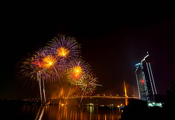 istock Multicolor fireworks night scene, bangkok cityscape river view, 468305693
