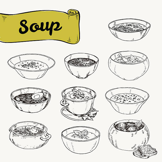satz von verschiedene suppen-küche - soup stock-grafiken, -clipart, -cartoons und -symbole