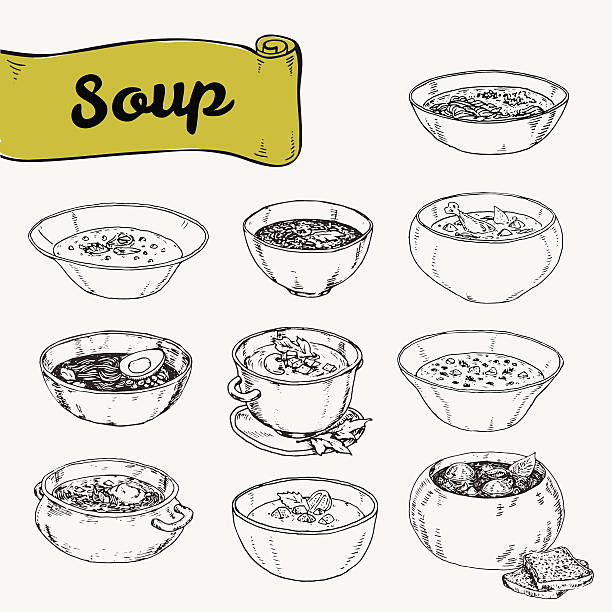 illustrazioni stock, clip art, cartoni animati e icone di tendenza di set di diverse zuppe cucina nazionale - soup