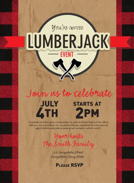 Vector illustration of Craft paper Lumberjack party invitation design template