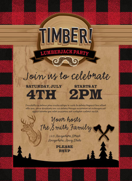 Timber Lumberjack party invitation design template Vector illustration of a Timber Lumberjack party invitation design template. Design includes red and black color palette with wood and paper textures. Includes deer head, crossed axes, wood stump, silhouette of evergreen trees and cute mustache. Perfect for Canadian celebration, boys birthday party invitation, lumberjack, hipster or male party themes. Layers for easy editing. Sample text design. lumberjack stock illustrations