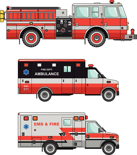 ilustrações de stock, clip art, desenhos animados e ícones de camião de bombeiros e ambulância carro isolado em fundo branco - travel healthcare and medicine emergency services urgency