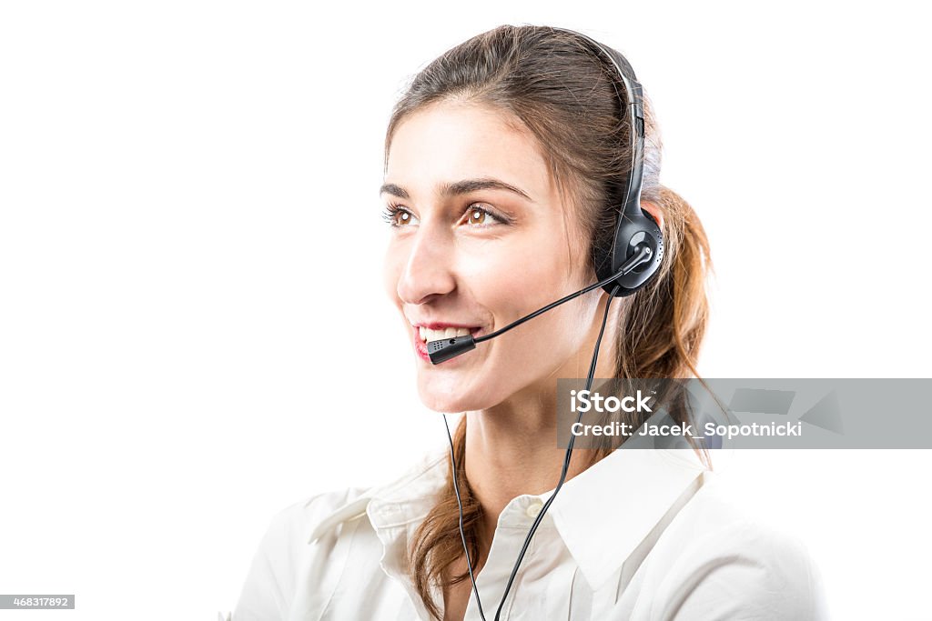 Support phone operator in headset Support phone operator in headset isolated on white 2015 Stock Photo