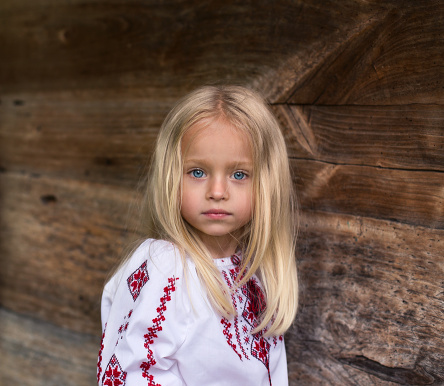 Wonderfull little blonde girl in ukrainian national costume - close up portrait
