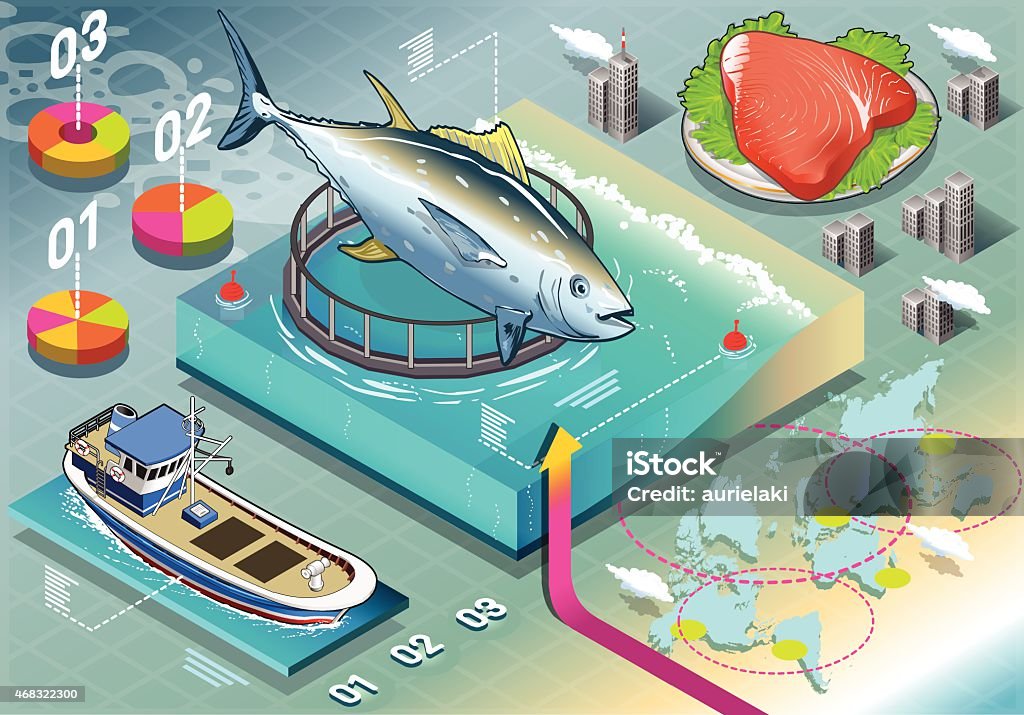 Isometric Infographic of Tuna Breeding Fish Industry Breeding - Isometric Infographic Tuna Farming Traceability stock vector