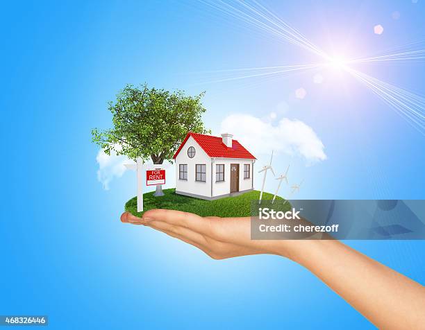 Hand Holding House On Green Grass With Red Roof Chimney Stock Photo - Download Image Now