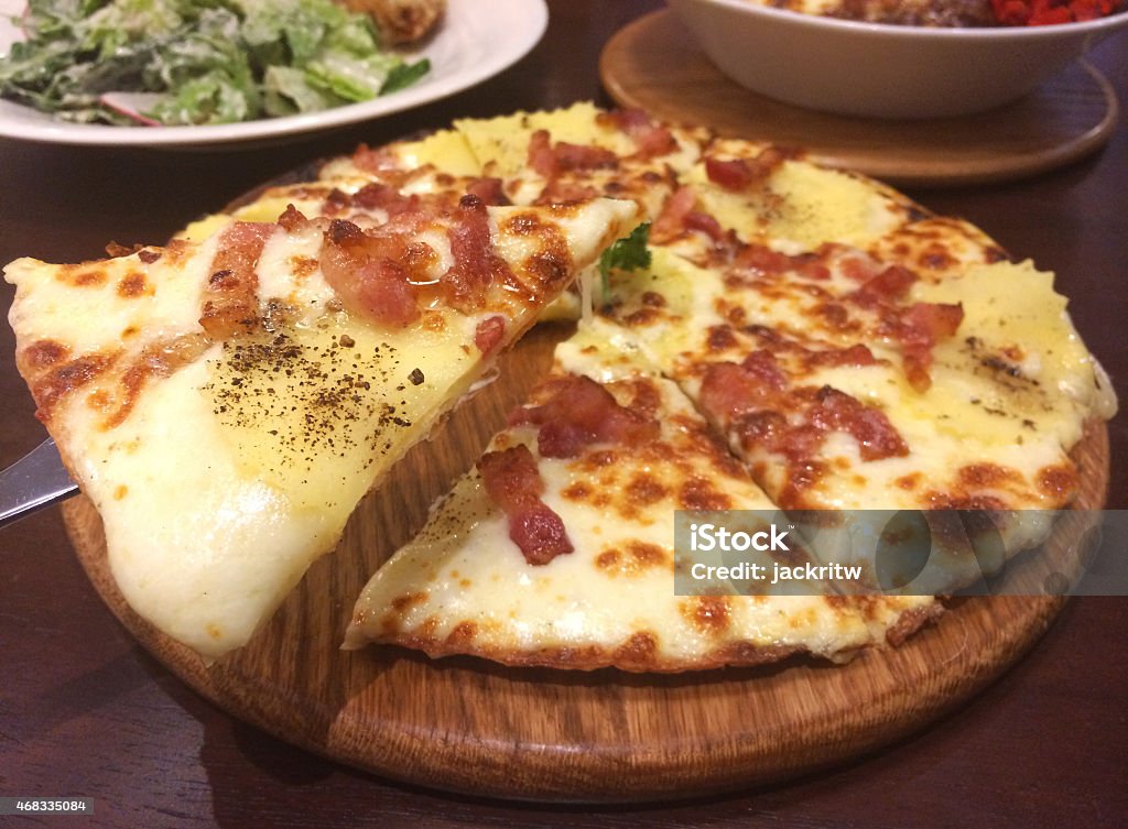 Pizza with Bacon and Slice Potatoes Pizza with Bacon and Slice Potatoes as Template Background Teture Bacon Stock Photo