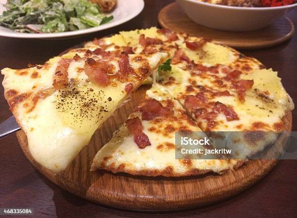 Pizza With Bacon And Slice Potatoes Stock Photo - Download Image Now - Bacon, Pizza, 2015