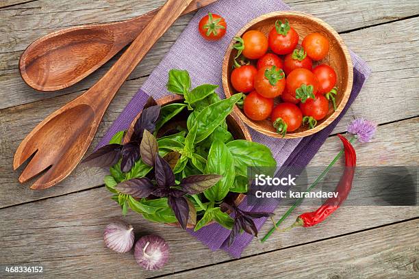 Fresh Farmers Tomatoes And Basil Stock Photo - Download Image Now - 2015, Above, Basil